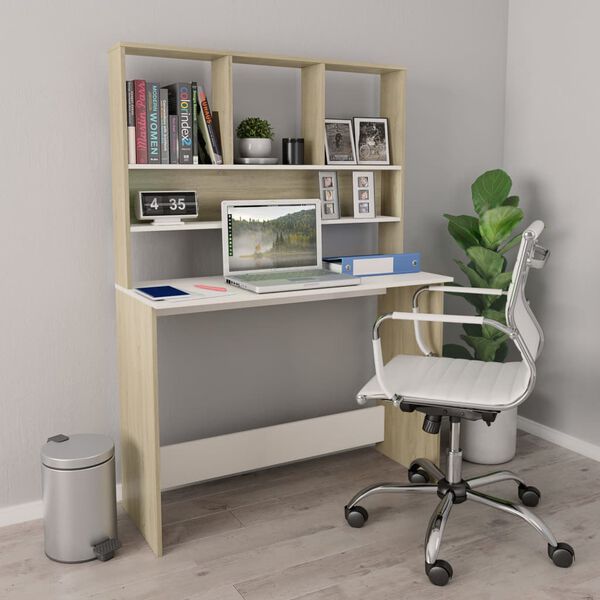 vidaXL Desk White and Sonoma Oak Engineered Wood 43.3x17.7x61.8 in Desk