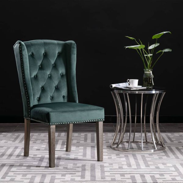 vidaXL Dining Chair Dark Green Velvet, Solid Rubberwood Medium