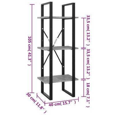vidaXL 3-Tier Book Cabinet Concrete Gray 15.7"x11.8"x41.3" Engineered Wood