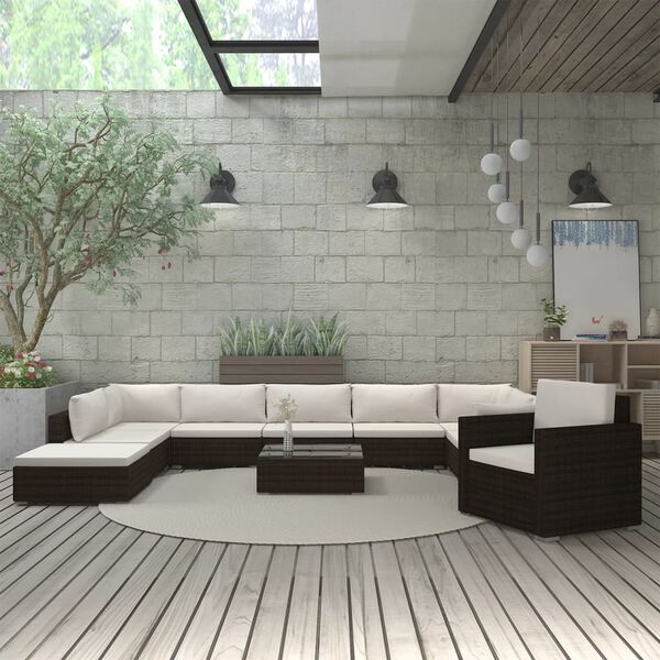 vidaXL 11 Piece Patio Lounge Set with Cushions Poly Rattan Brown