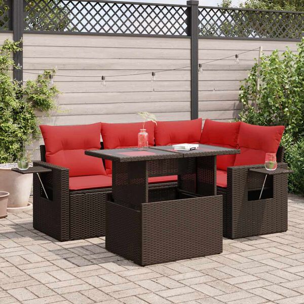 vidaXL 5 Piece Patio Sofa Set with Cushions Brown Poly Rattan Acacia