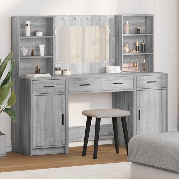 vidaXL Dressing Table Set with LED 3 pcs Grey Sonoma Engineered Wood
