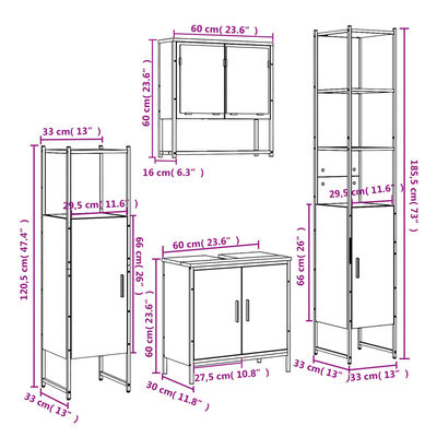 Dimension diagram of modular bathroom furniture with measurements in pink annotations.