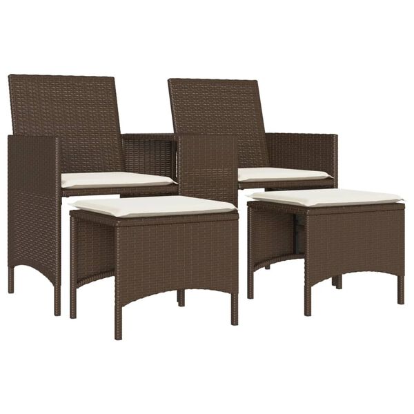 vidaXL Patio Sofa 2-Seater with Table and Stools Brown Poly Rattan