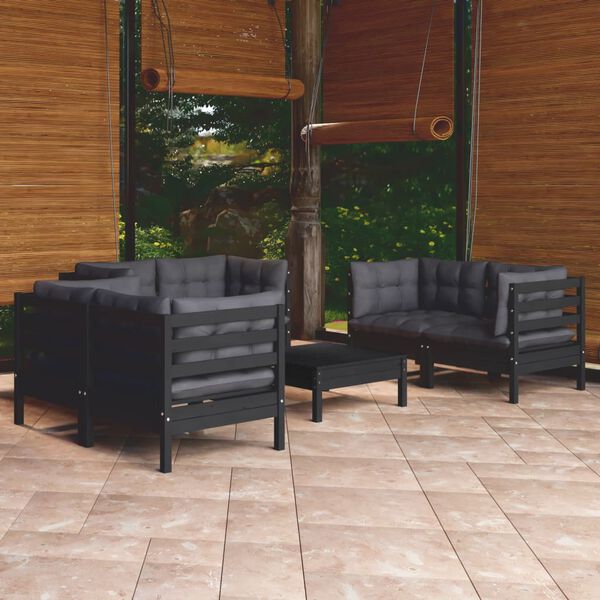 vidaXL Garden Lounge Set Black Solid pinewood, 100% polyester fabric