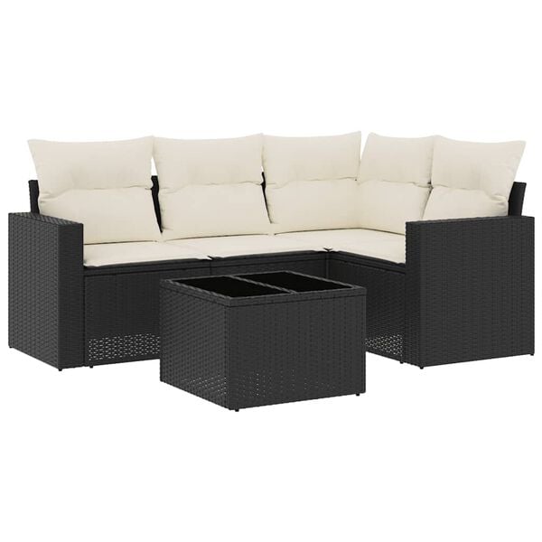 vidaXL Garden Sofa Set Black and Cream Poly Rattan 5 Piece Set