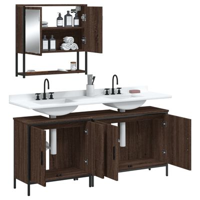 Comprehensive bathroom vanity set with wall-mounted mirrored cabinet above, double sink on top of a dark wood cabinet with multiple doors open.