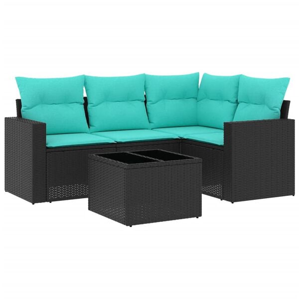 vidaXL 5 Piece Patio Sofa Set with Cushions Black Poly Rattan