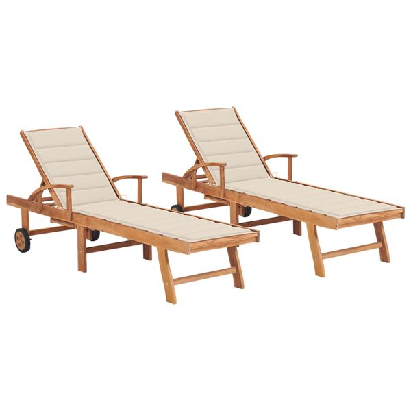 vidaXL Sun Lounger Set of 2 Teak wood with cream cushion