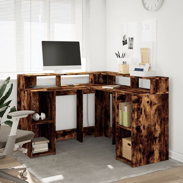 vidaXL Desk Smoked oak Engineered wood Compact Corner Desk Modern