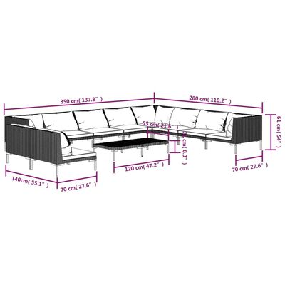 vidaXL 11 Piece Patio Lounge Set with Cushions Poly Rattan Dark Gray