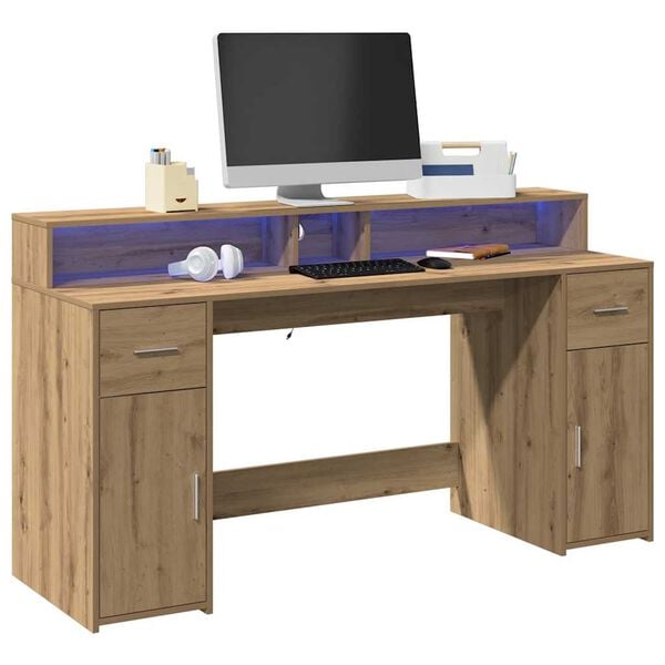 vidaXL Desk with LED Lights Artisian Oak 63.0x21.7x35.8" Engineered Wood