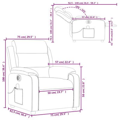 Dimension diagram with measurements for the recliner
