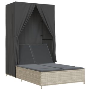 vidaXL Double Sun Lounger with Roof and Curtains Light Grey Poly Rattan