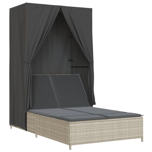 vidaXL Double Sun Lounger with Roof and Curtains Light Grey Poly Rattan
