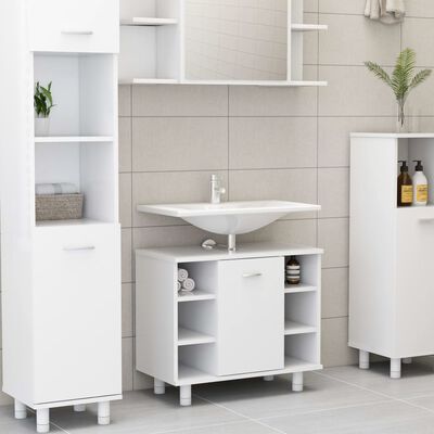 Console with sink and storage cabinet and open shelves in a bathroom setup.