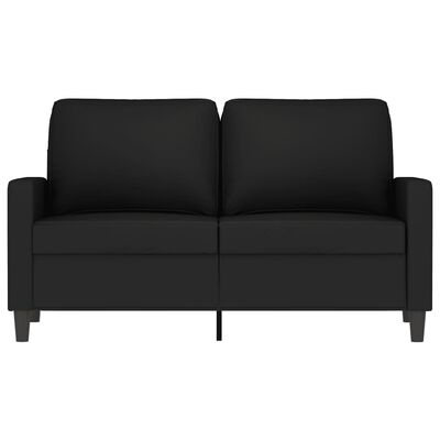 Close-up of black two-seater sofa showing front view with two seat cushions and metal legs