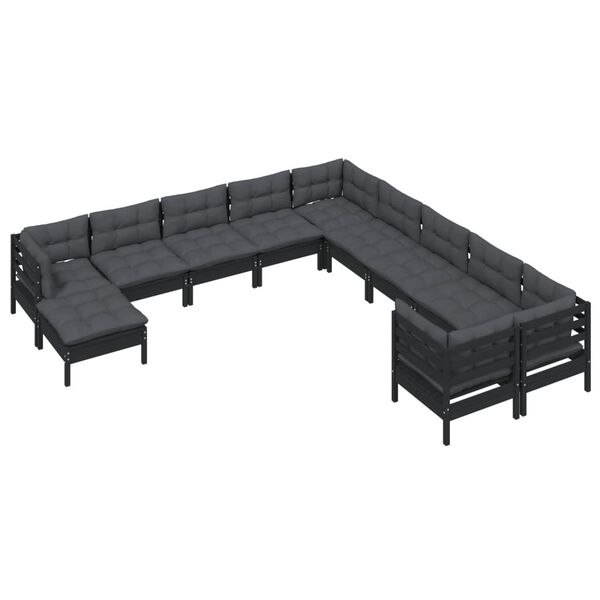 vidaXL Garden Lounge Set Black Solid pine wood, polyester fabric Large