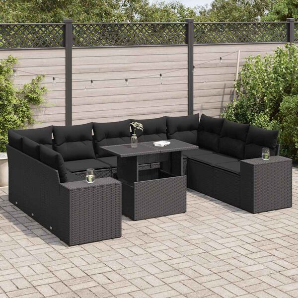vidaXL Garden Sofa Set Black PE Rattan, Powder-coated steel, Tempered glass