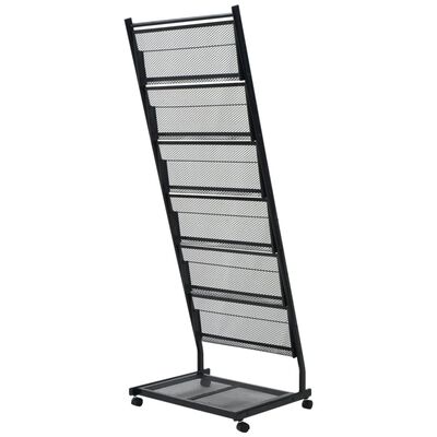 angled tall metal display rack with mesh panels and multiple shelves on a wheeled base.