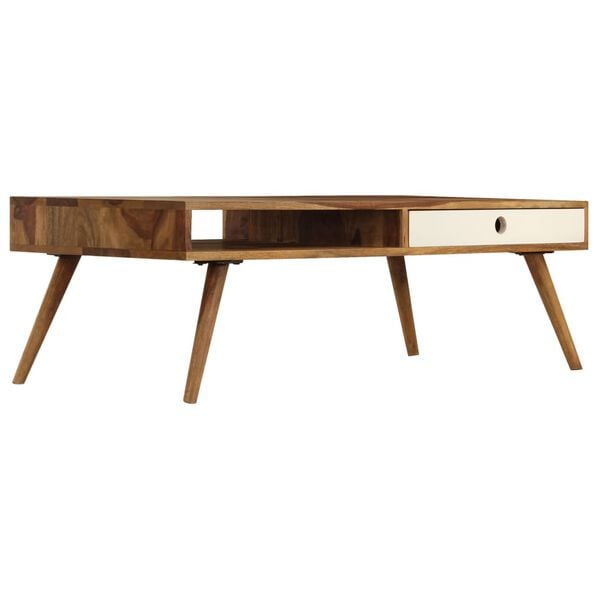 vidaXL Coffee Table Brown and White Solid Acacia Wood 43.3x19.7x13.8 in