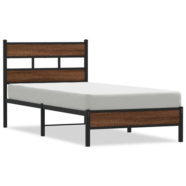 vidaXL Bed Frame Brown oak Steel, Engineered Wood Twin Bed Frame