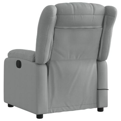 Back side view of gray recliner chair showing pocket and round knob