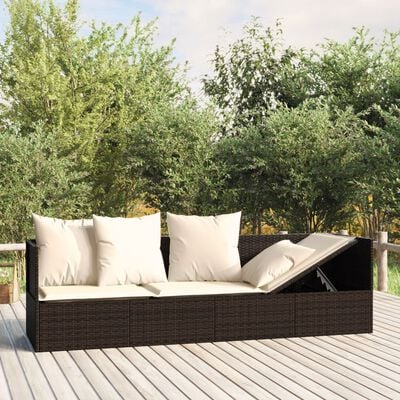 Dark brown wicker outdoor sectional with beige cushions on a wooden deck