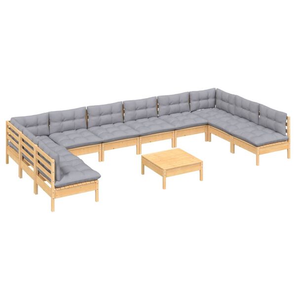 vidaXL Garden Lounge Set Grey Solid Pine Wood, Polyester Large Modular