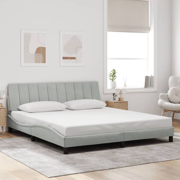vidaXL Bed Frame with LED without Mattress "Hanko" Light Gray 72"x83.9"Velvet