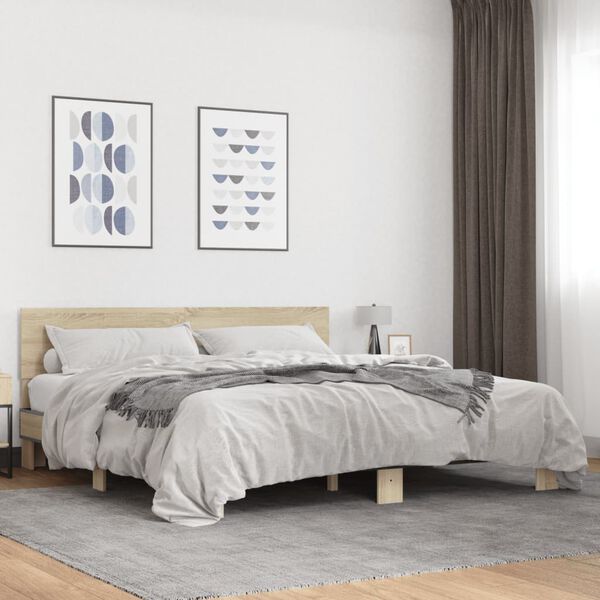 vidaXL Bed Frame Sonoma oak Engineered wood, metal, plywood slats