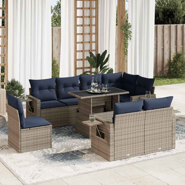 vidaXL 9 Piece Patio Sofa Set with Cushions Gray Poly Rattan