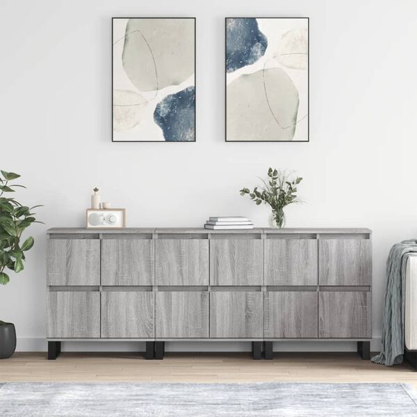 vidaXL Sideboard Set of 3 Grey Sonoma Engineered wood, metal Medium