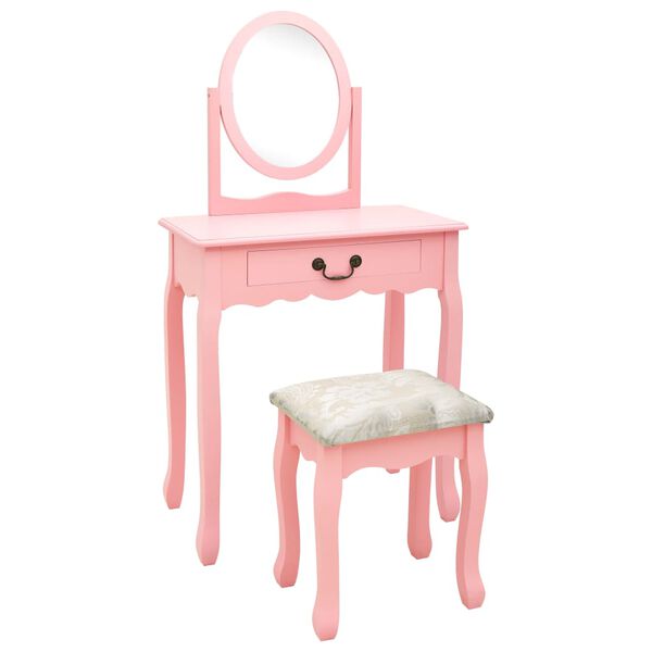 vidaXL Dressing Table with Stool Pink 25.6x14.2x50.4" Paulownia Wood MDF