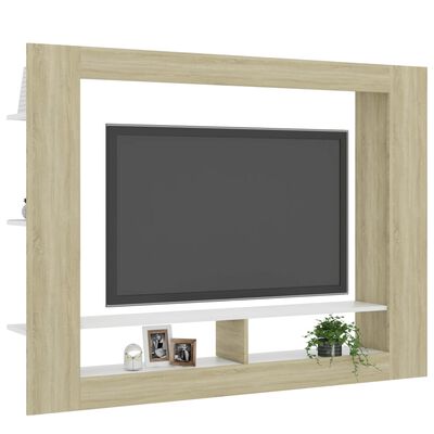 vidaXL TV Stand White and Sonoma Oak 59.8"x8.7"x44.5" Engineered Wood