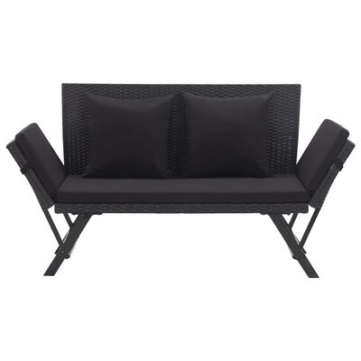 Outdoor wicker sofa with two back cushions and angled armrests, dark cushions, two-seat configuration
