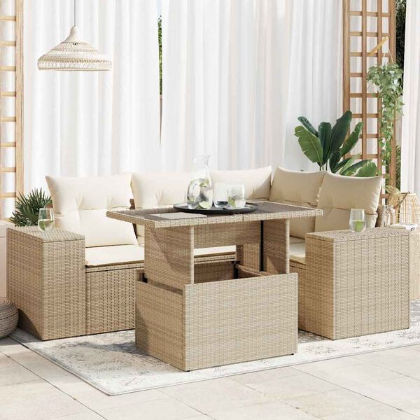vidaXL Garden Sofa Set Beige PE rattan, powder-coated steel, tempered glass