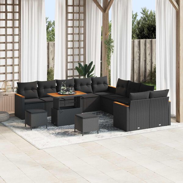 vidaXL Garden Sofa Set with Cushion 13 pcs Black Poly Rattan