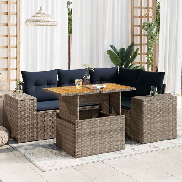 vidaXL 5 Piece Patio Sofa Set with Cushions Gray Poly Rattan