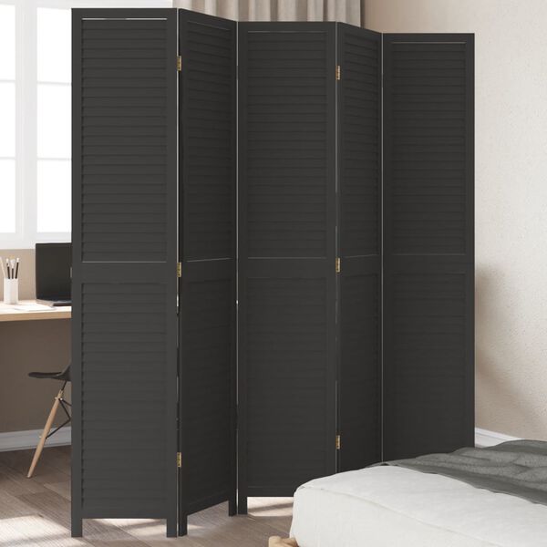 vidaXL Room Divider 5 Panels Black Solid Wood Paulownia