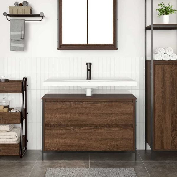 vidaXL Bathroom Basin Cabinet Brown oak Engineered wood, steel Compact