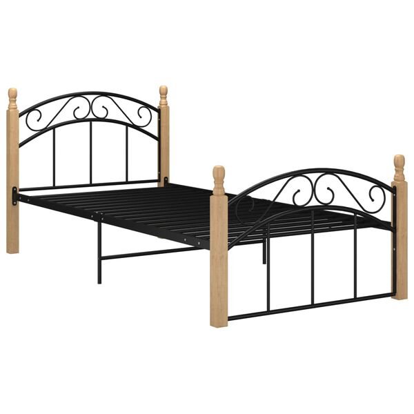 vidaXL Bed Frame Black and Natural Powder-coated Metal, Solid Oak Wood