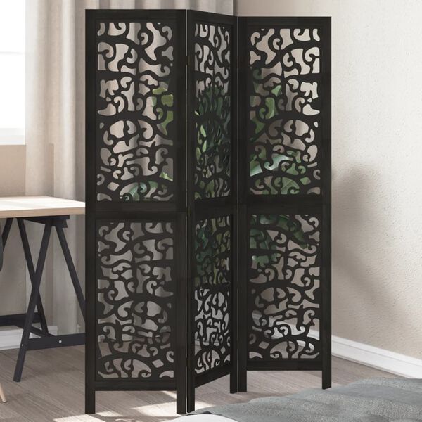 vidaXL Room Divider 3 Panels Black Solid Wood Paulownia