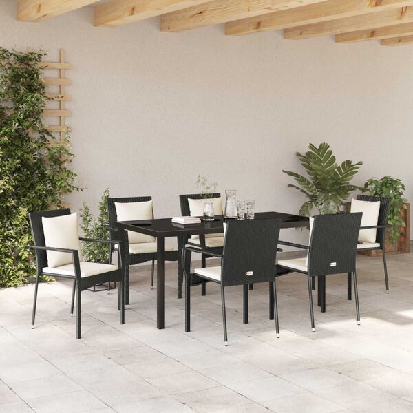 vidaXL Garden Dining Set with Cushion 7 pcs Black Poly Rattan