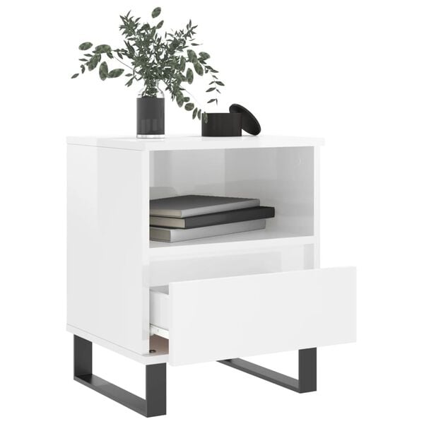 vidaXL Bedside Cabinet High gloss white Engineered wood, metal