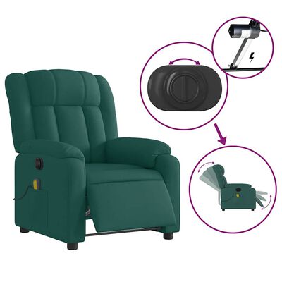 Teal recliner with circular diagram showing adjustable features and a remote