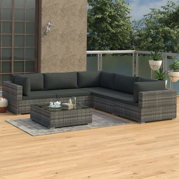 vidaXL Patio Lounge Set Set of 6 Grey PE Rattan Large Modular