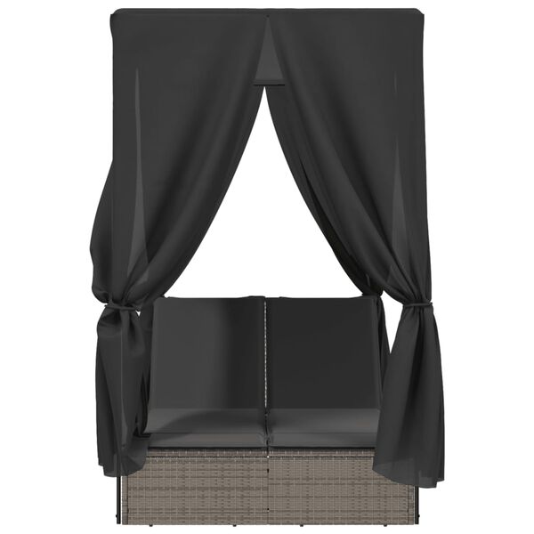 vidaXL Double Sun Lounger with Roof and Curtains Grey Poly Rattan