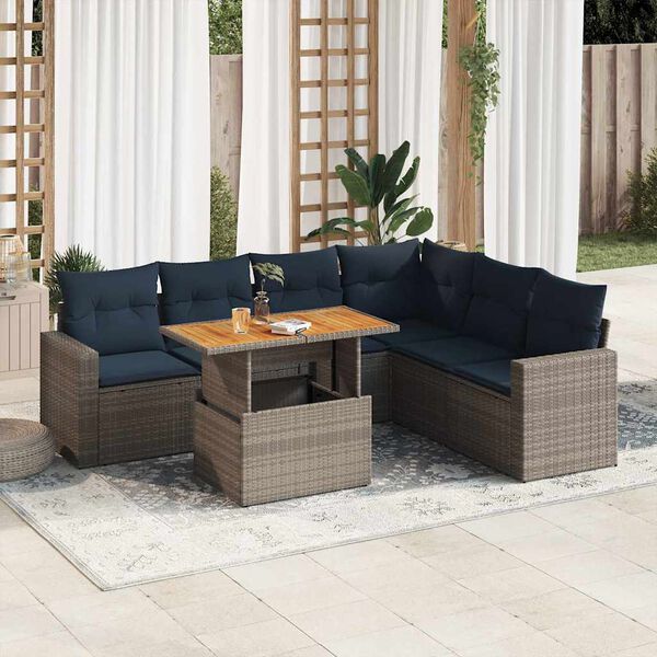 vidaXL 7 Piece Patio Sofa Set with Cushions Gray Poly Rattan