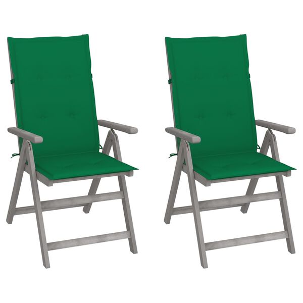 vidaXL Garden Chair Set of 2 Grey wash, Green cushion Solid acacia wood
